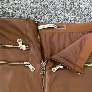 Alice + Olivia Tan Leather Skirt with Zipper Details